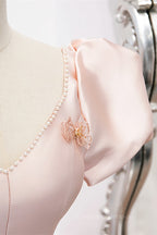 Formal Dress Style, Pink V Neck Puff Sleeves Pearl Beaded 3D Applique Long Formal Dress