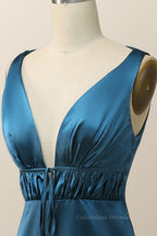 Homecoming Dresses Simpl, Plunge Neck Ink Blue Long Bridesmaid Dress