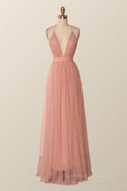 Formal Dresses Nearby, Plunge Pink Tulle A-line Long Formal Dresss