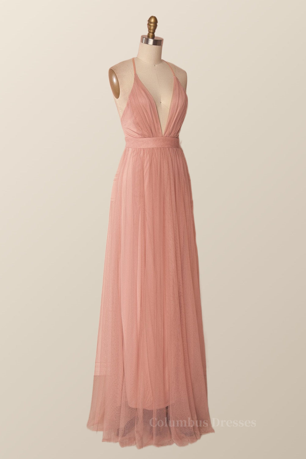Plunge Pink Tulle A-line Long Formal Dresss Secondary image