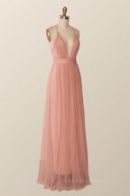 Formal Dress Prom, Plunge Pink Tulle A-line Long Formal Dresss