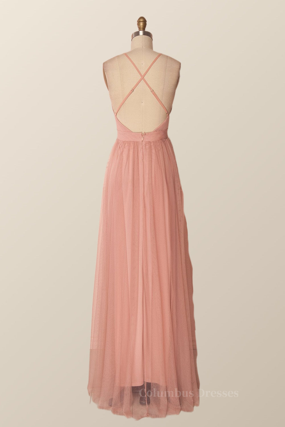 Formal Dresses Long Elegant, Plunge Pink Tulle A-line Long Formal Dresss Main image