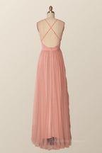 Formal Dresses Long Elegant, Plunge Pink Tulle A-line Long Formal Dresss
