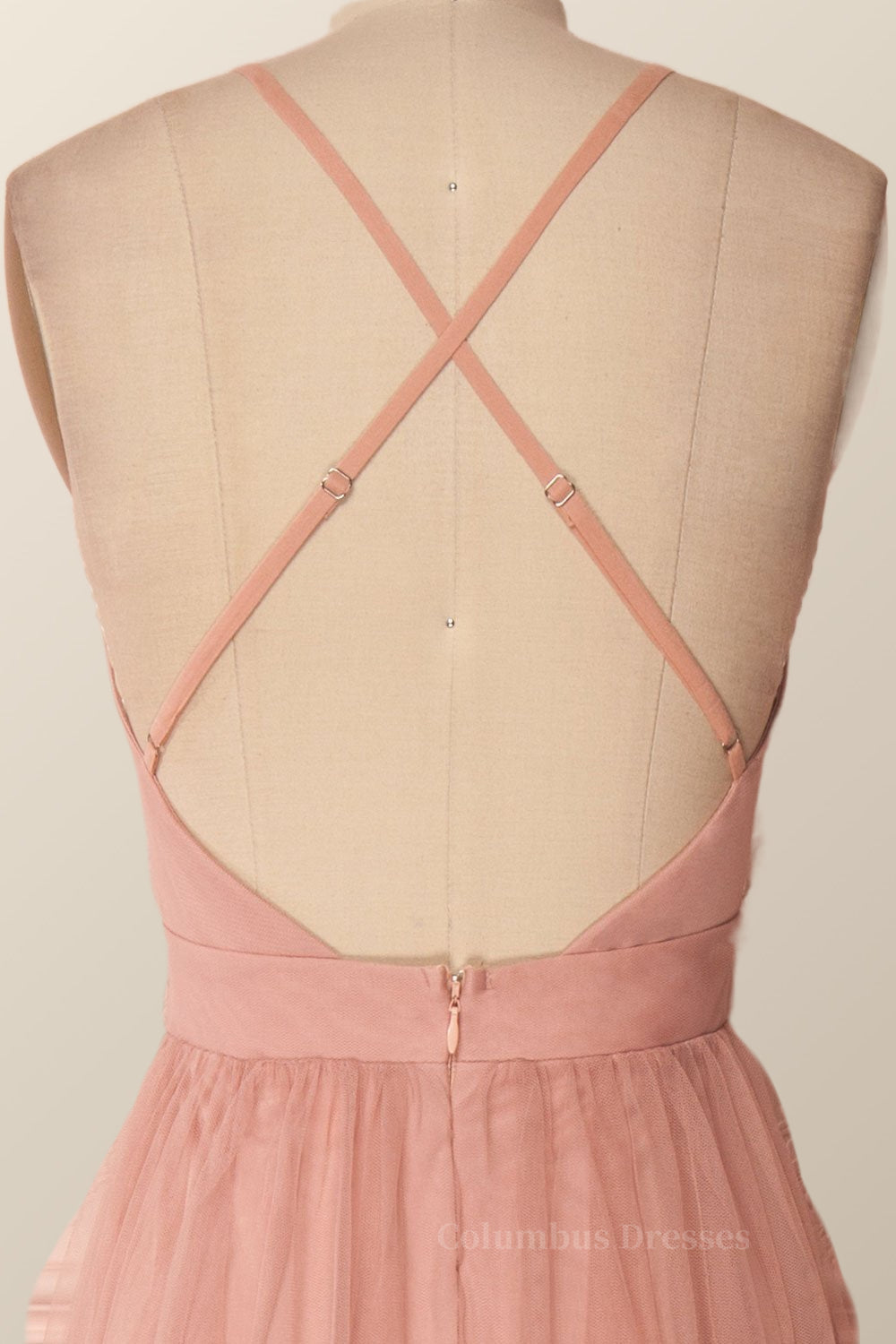 Formal Dress Vintage, Plunge Pink Tulle A-line Long Formal Dresss