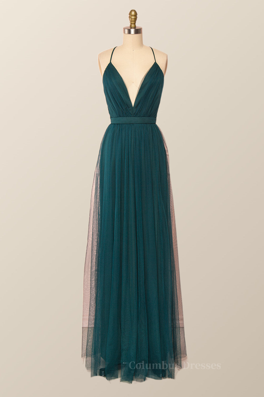 Formal Dress For Teen, Plunge Pink Tulle A-line Long Formal Dresss