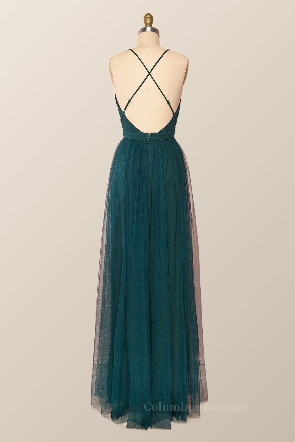 Formal Dress For Teens, Plunge Pink Tulle A-line Long Formal Dresss