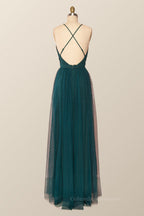Formal Dress For Teens, Plunge Pink Tulle A-line Long Formal Dresss