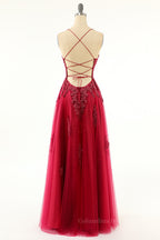 Prom Dress Cute, Princess Wine Red Appliques A-line Long Formal Dress with Slit