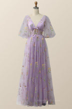 Homecoming Dresses Lace, Puffy Sleeves Lavender Tulle Floral Embroidery Formal Dress