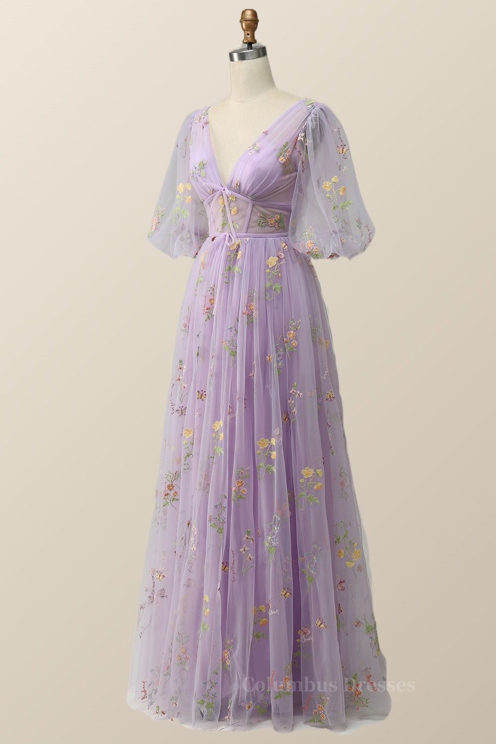 Homecoming Dress Lace, Puffy Sleeves Lavender Tulle Floral Embroidery Formal Dress