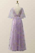 Homecomming Dresses Lace, Puffy Sleeves Lavender Tulle Floral Embroidery Formal Dress