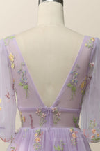 Homecoming Dresses Silk, Puffy Sleeves Lavender Tulle Floral Embroidery Formal Dress