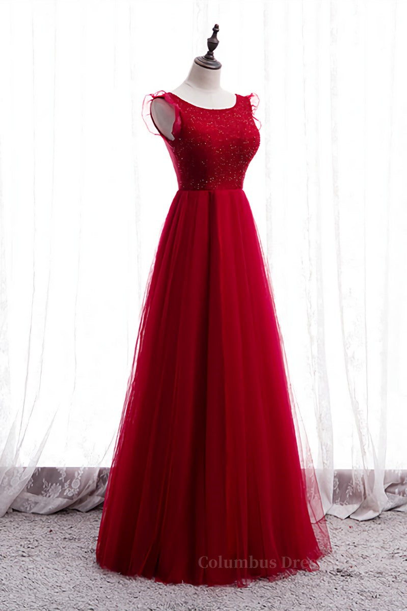 Red A-line Beaded Ruffle Sleeveless Lace-Up Maxi Formal Dress Secondary image