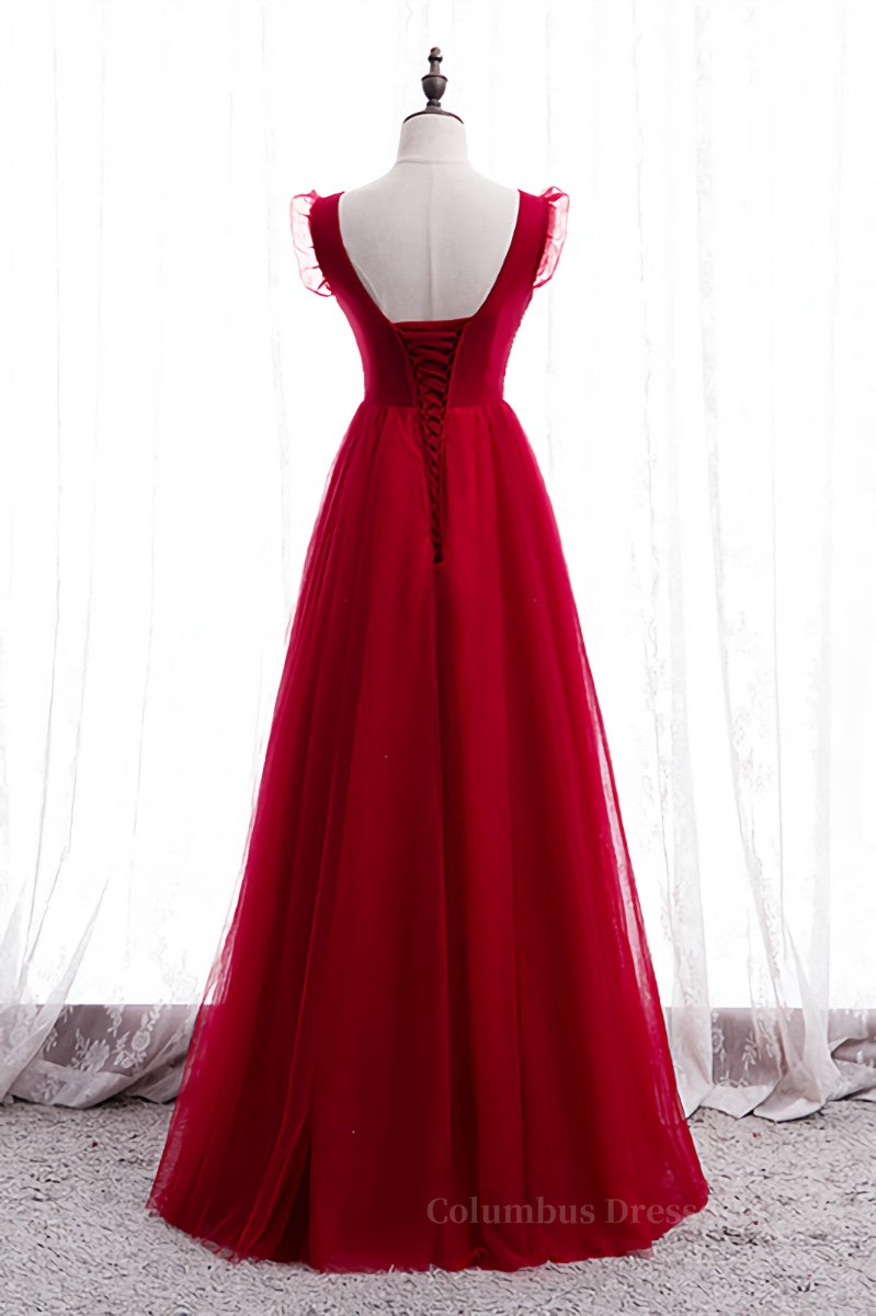 Prom Dress Vintage, Red A-line Beaded Ruffle Sleeveless Lace-Up Maxi Formal Dress Main image
