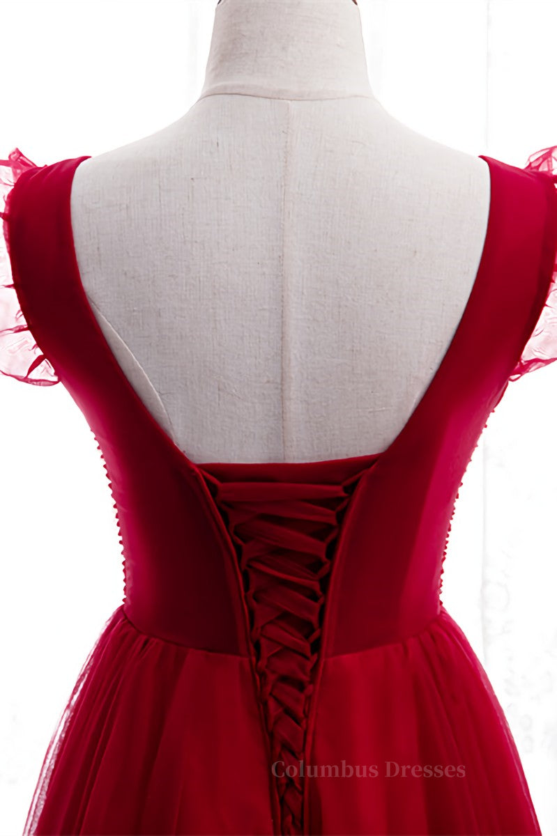 Prom Dresses Prom Dress, Red A-line Beaded Ruffle Sleeveless Lace-Up Maxi Formal Dress