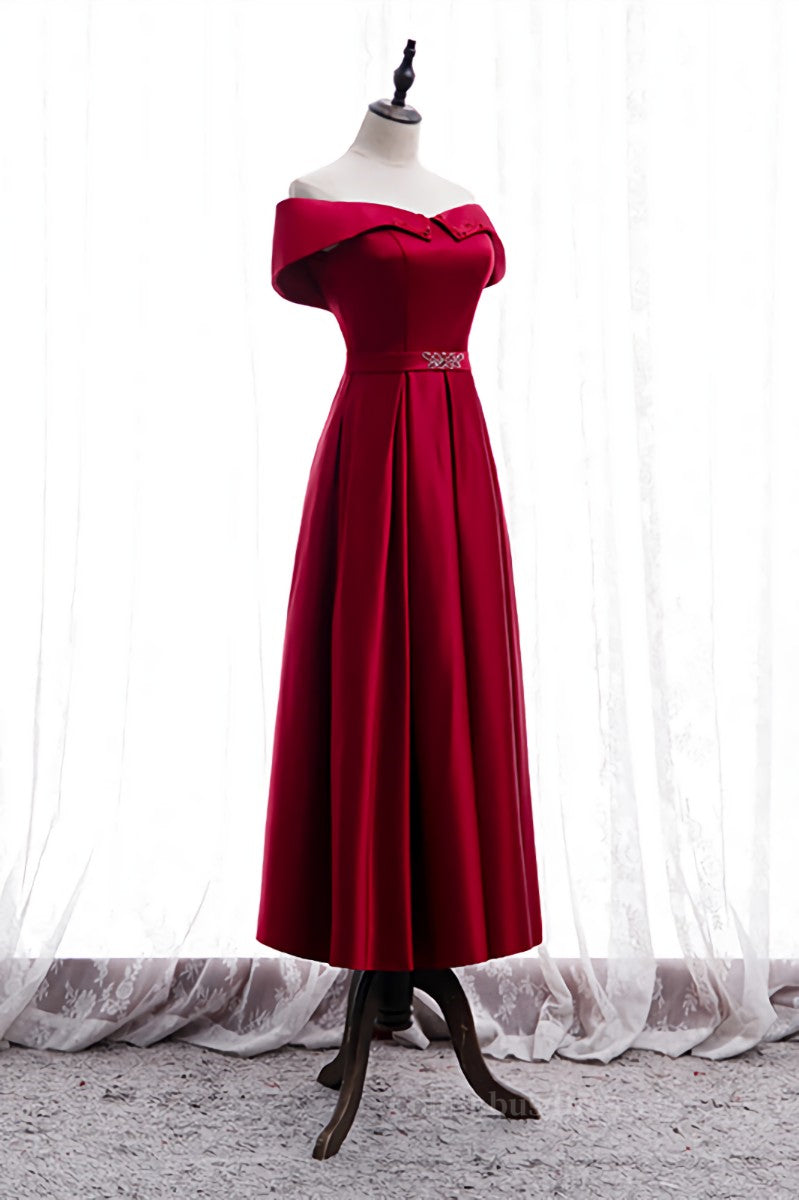 Prom Dresses Stores, Red A-line Fold Off-the-Shoulder Beaded Tea Length Formal Dress