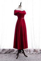 Prom Dresses Stores, Red A-line Fold Off-the-Shoulder Beaded Tea Length Formal Dress