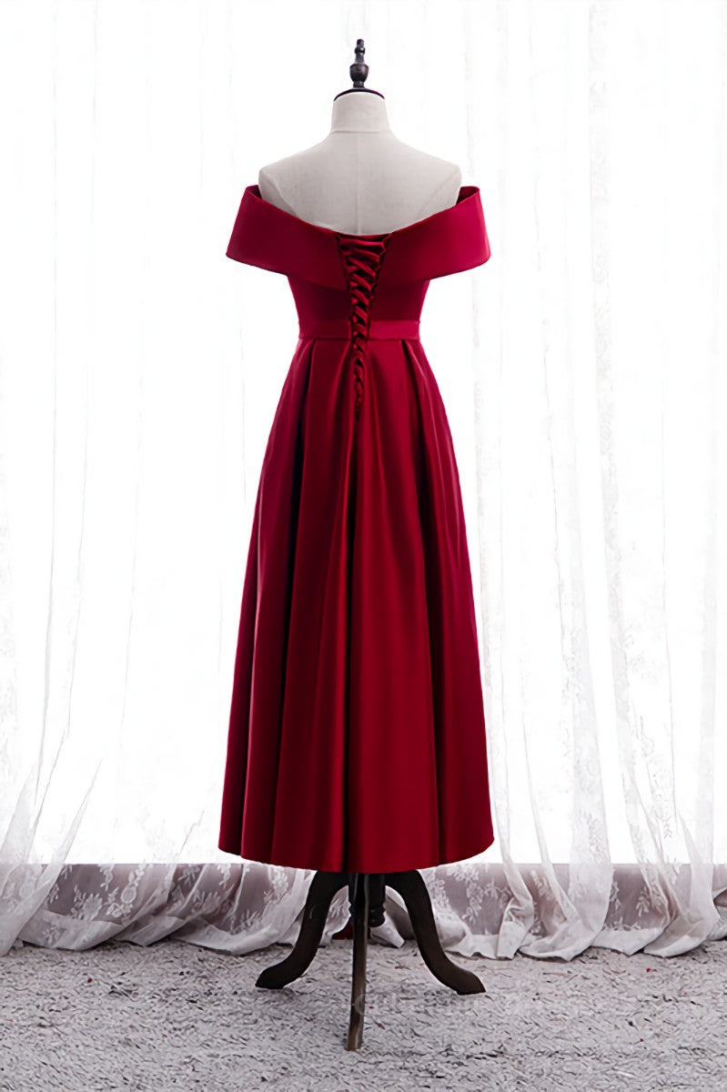 Prom Dress Store, Red A-line Fold Off-the-Shoulder Beaded Tea Length Formal Dress Main image
