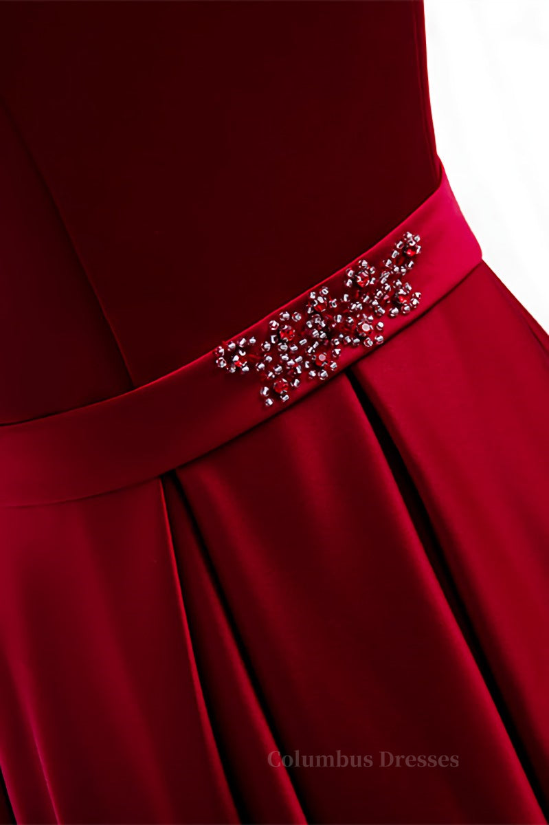 Prom Dresse Long, Red A-line Fold Off-the-Shoulder Beaded Tea Length Formal Dress