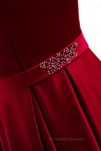 Prom Dresse Long, Red A-line Fold Off-the-Shoulder Beaded Tea Length Formal Dress