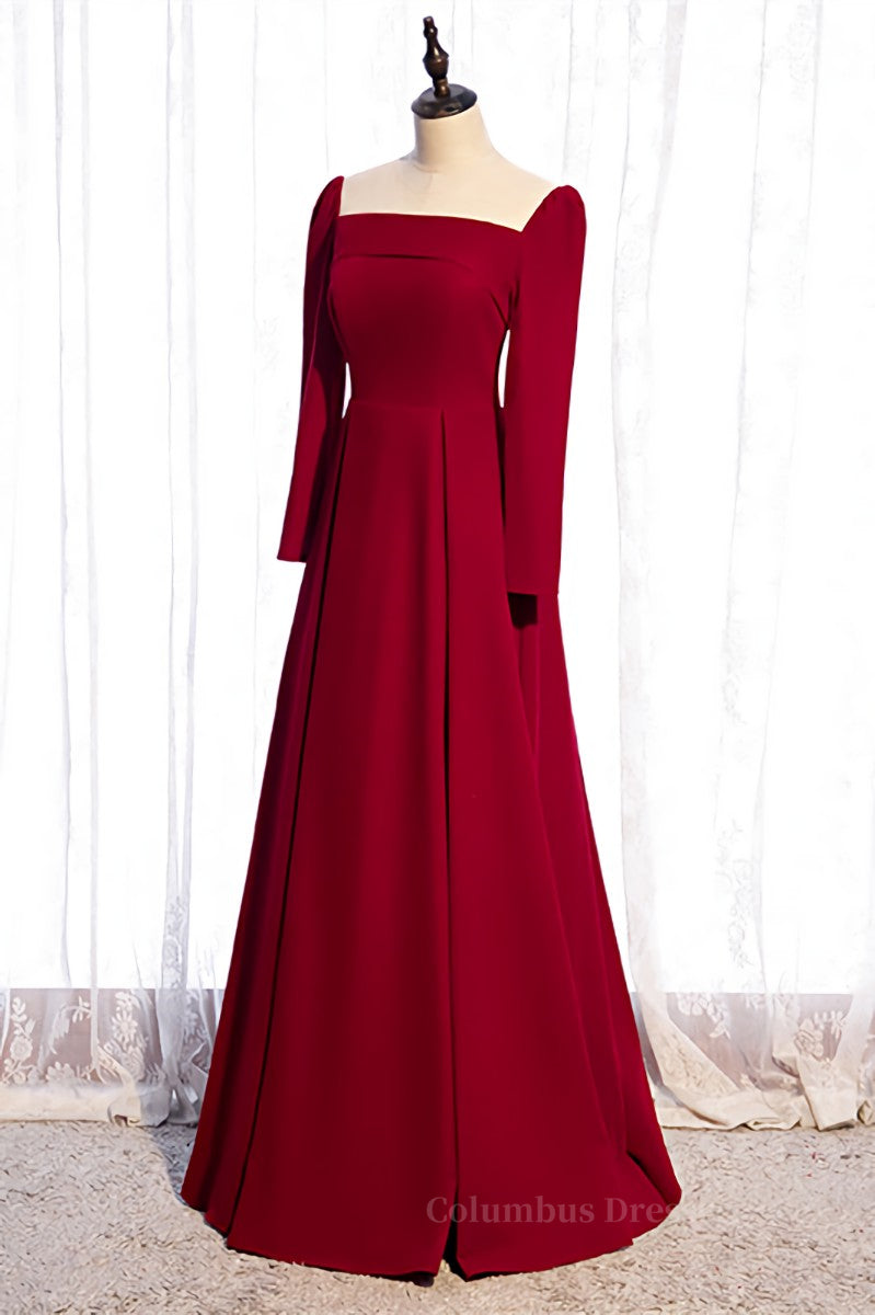 Red A-line Folded Neck Long Sleeves Maxi Formal Dress Secondary image