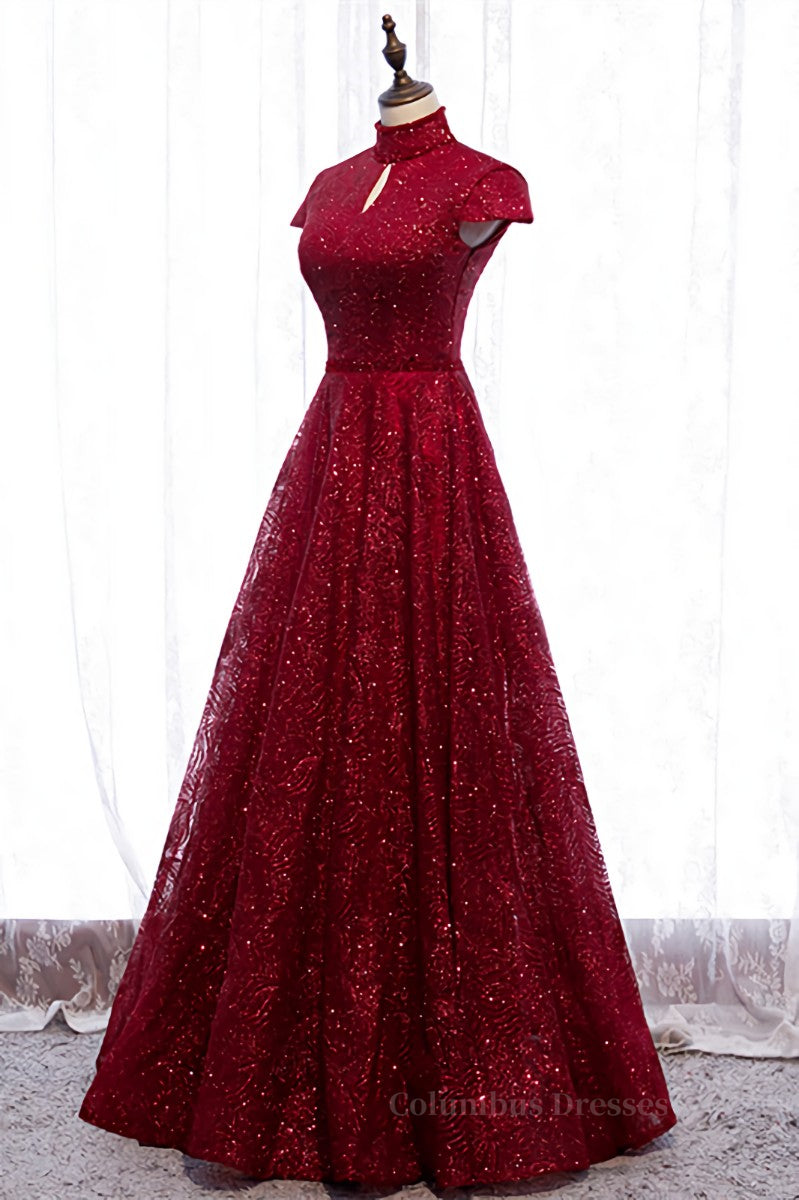 Red A-line High Neck Cap Sleeves Cut-Out Sparkle-Embroidered Maxi Formal Dress Secondary image
