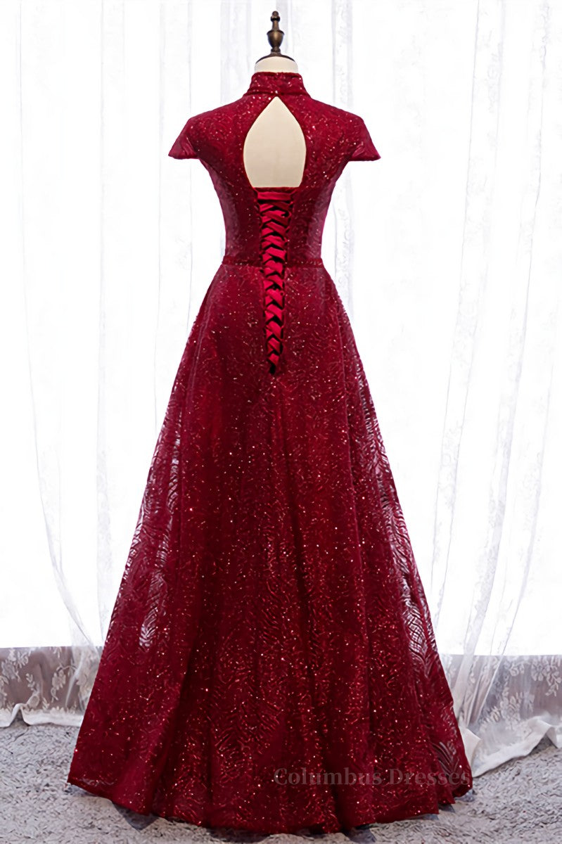 Prom Dresses Inspiration, Red A-line High Neck Cap Sleeves Cut-Out Sparkle-Embroidered Maxi Formal Dress Main image