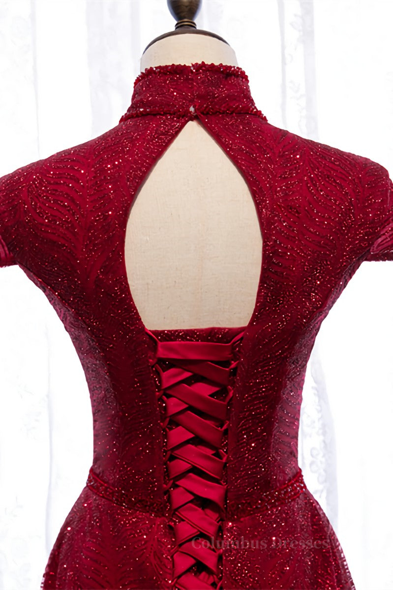 Prom Dresses Pink, Red A-line High Neck Cap Sleeves Cut-Out Sparkle-Embroidered Maxi Formal Dress