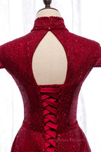 Prom Dresses Pink, Red A-line High Neck Cap Sleeves Cut-Out Sparkle-Embroidered Maxi Formal Dress