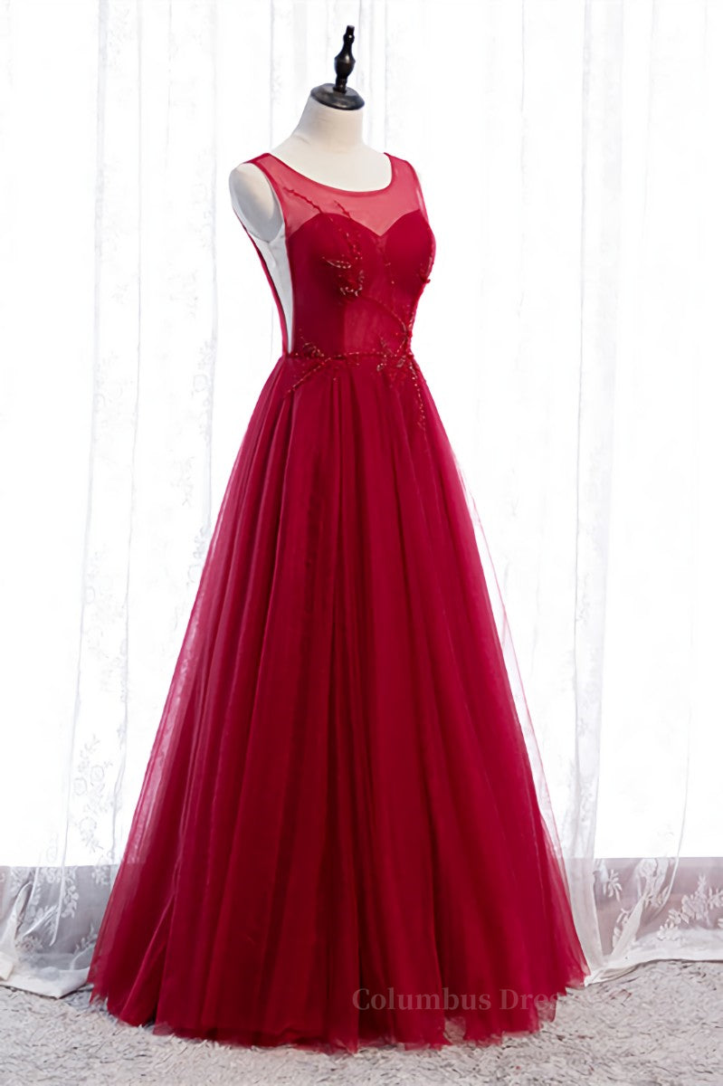 Prom Dresses Tulle, Red A-line Illusion Neck Sweetheart Beaded Appliques Maxi Formal Dress