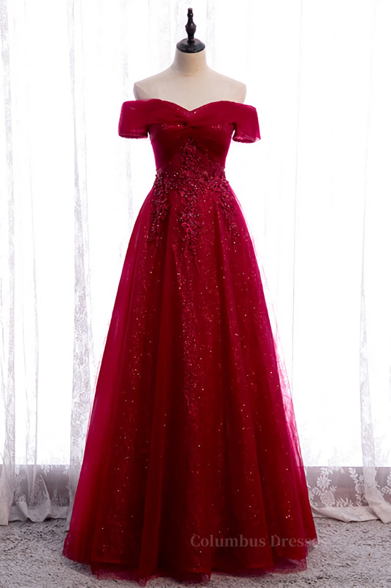 Prom Dresses Fitted, Red A-line Off-the-Shoulder Twist Knot Beaded Appliques Maxi Formal Dress