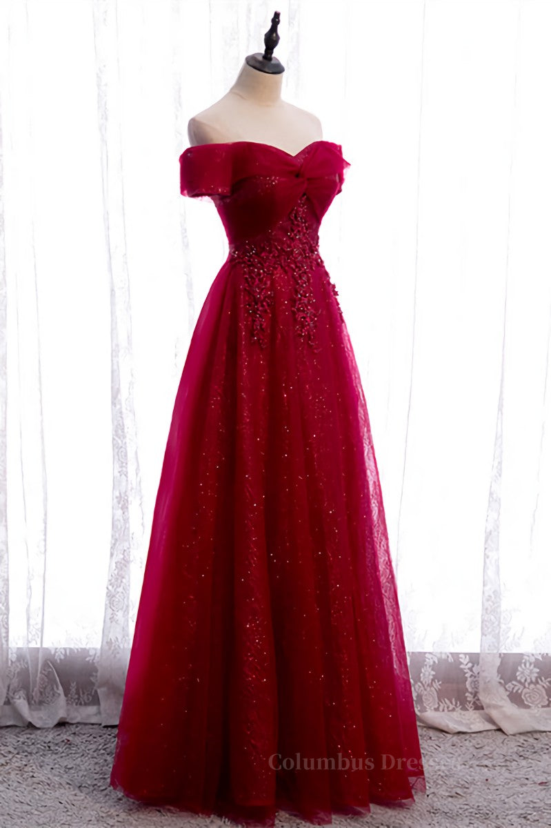 Red A-line Off-the-Shoulder Twist Knot Beaded Appliques Maxi Formal Dress Secondary image