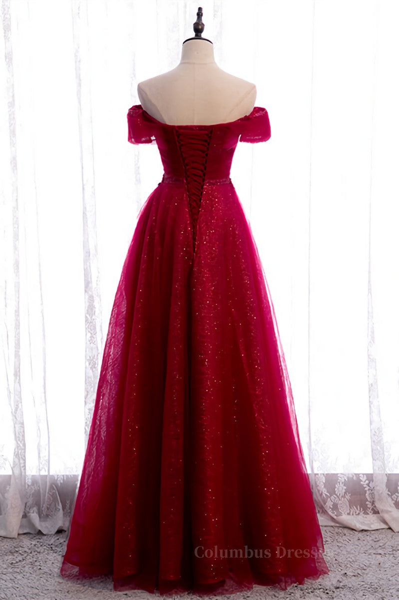 Prom Dresses Simple, Red A-line Off-the-Shoulder Twist Knot Beaded Appliques Maxi Formal Dress Main image