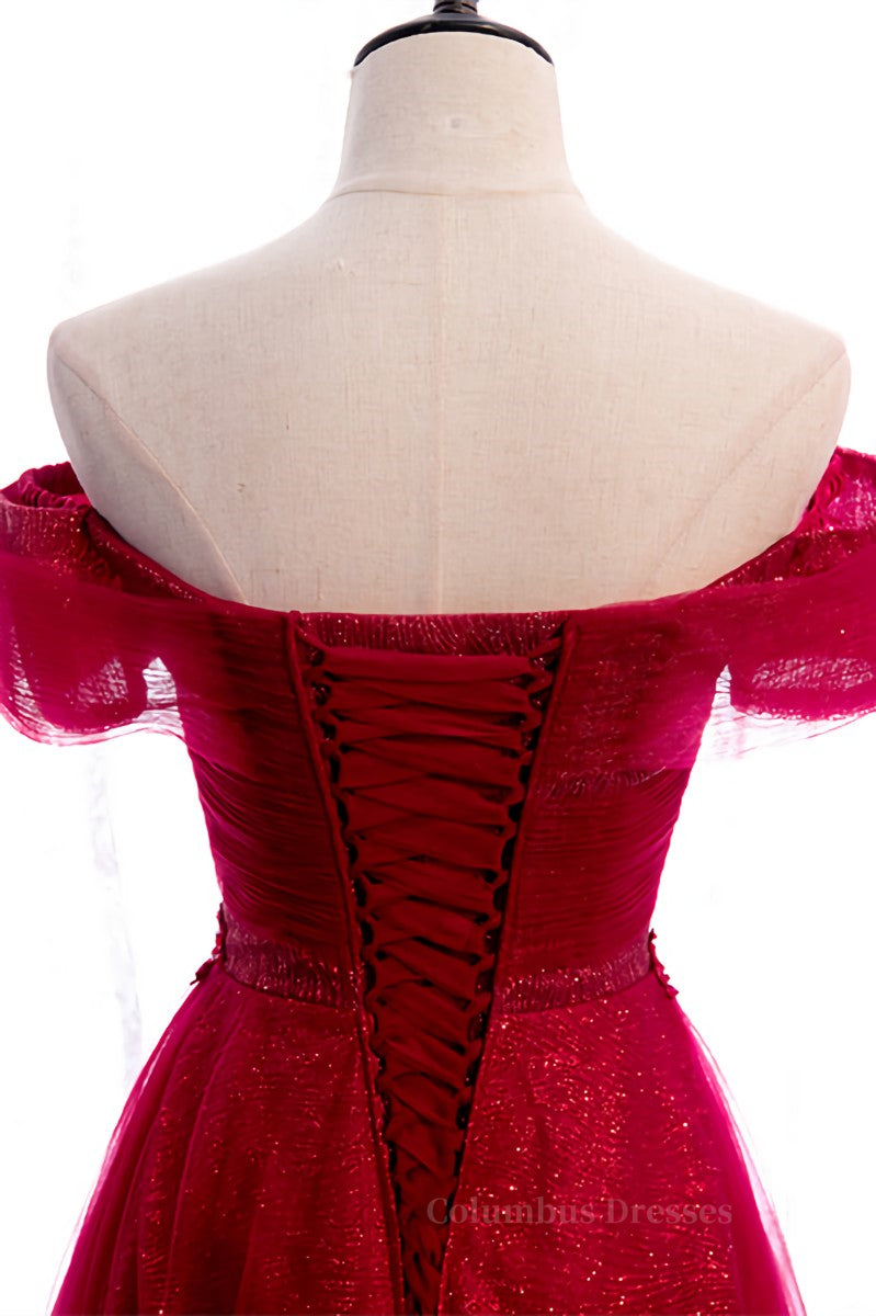 Prom Dress With Slits, Red A-line Off-the-Shoulder Twist Knot Beaded Appliques Maxi Formal Dress