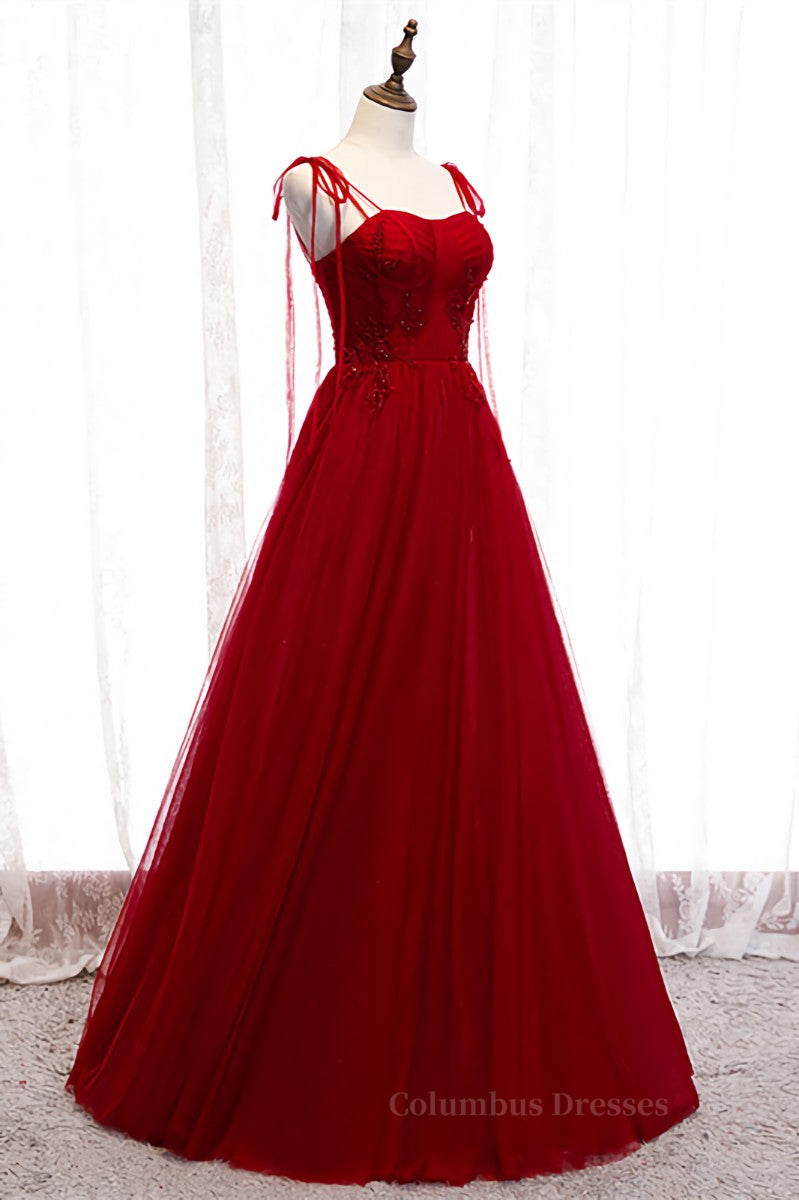 Red A-line Pleated Bow Tie Double Straps Beaded Appliques Maxi Formal Dress Secondary image