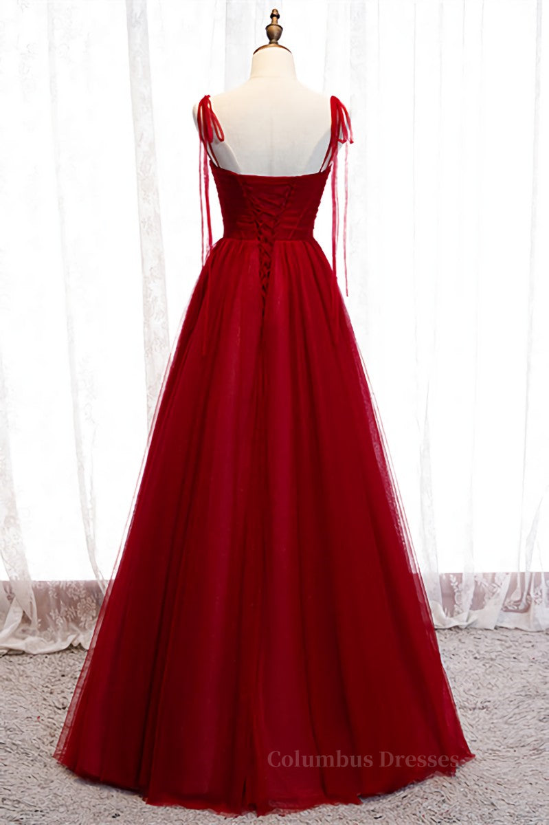 Prom Dresses Casual, Red A-line Pleated Bow Tie Double Straps Beaded Appliques Maxi Formal Dress Main image