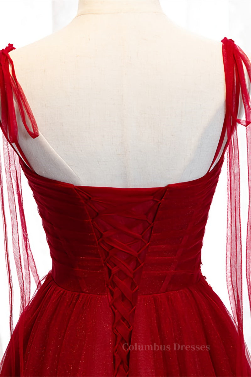 Prom Dresses Elegant, Red A-line Pleated Bow Tie Double Straps Beaded Appliques Maxi Formal Dress
