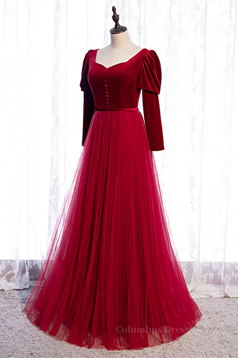 Red A-line Puff Long Sleeves Lace-Up Maxi Formal Dress with Buttons Secondary image