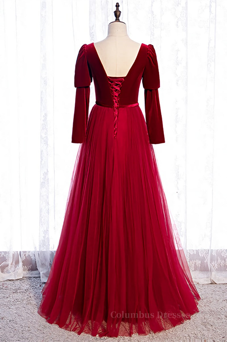 Homecoming Dress Shopping Near Me, Red A-line Puff Long Sleeves Lace-Up Maxi Formal Dress with Buttons Main image