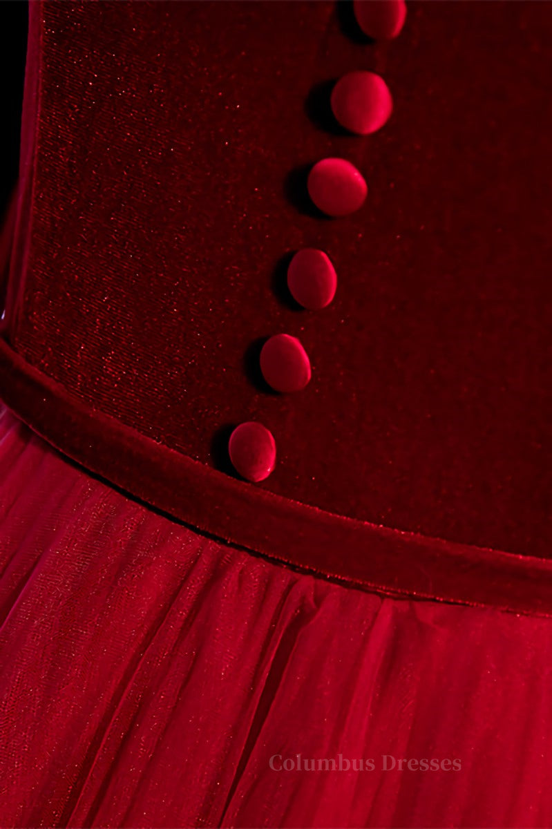 Homecoming Dresses Blue, Red A-line Puff Long Sleeves Lace-Up Maxi Formal Dress with Buttons