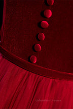 Homecoming Dresses Blue, Red A-line Puff Long Sleeves Lace-Up Maxi Formal Dress with Buttons
