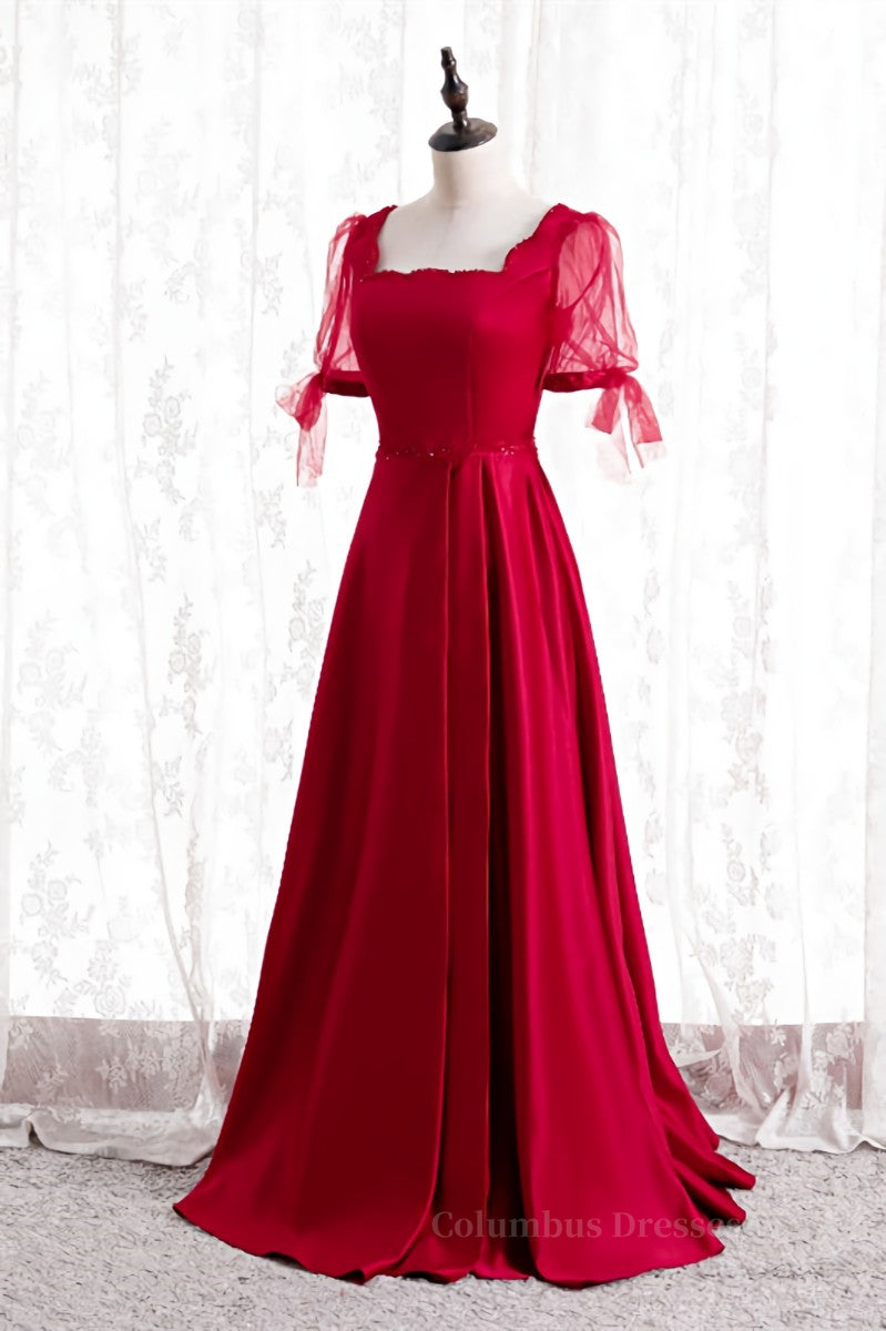 Formal Dresses And Evening Gowns, Red A-line Square Neck Illusion Puff Sleeves Beaded Long Formal Dress