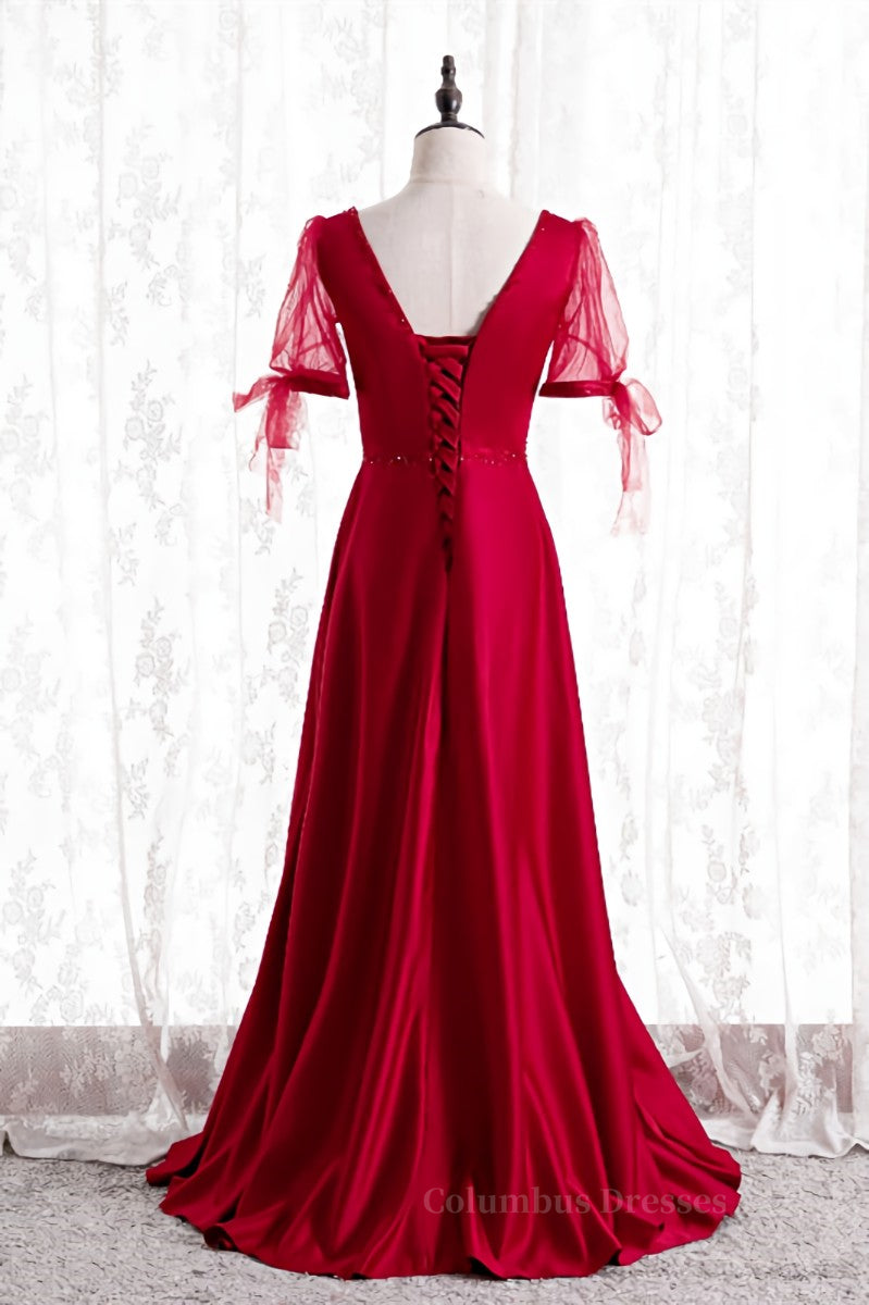 Formal Dresses Classy Elegant, Red A-line Square Neck Illusion Puff Sleeves Beaded Long Formal Dress Main image