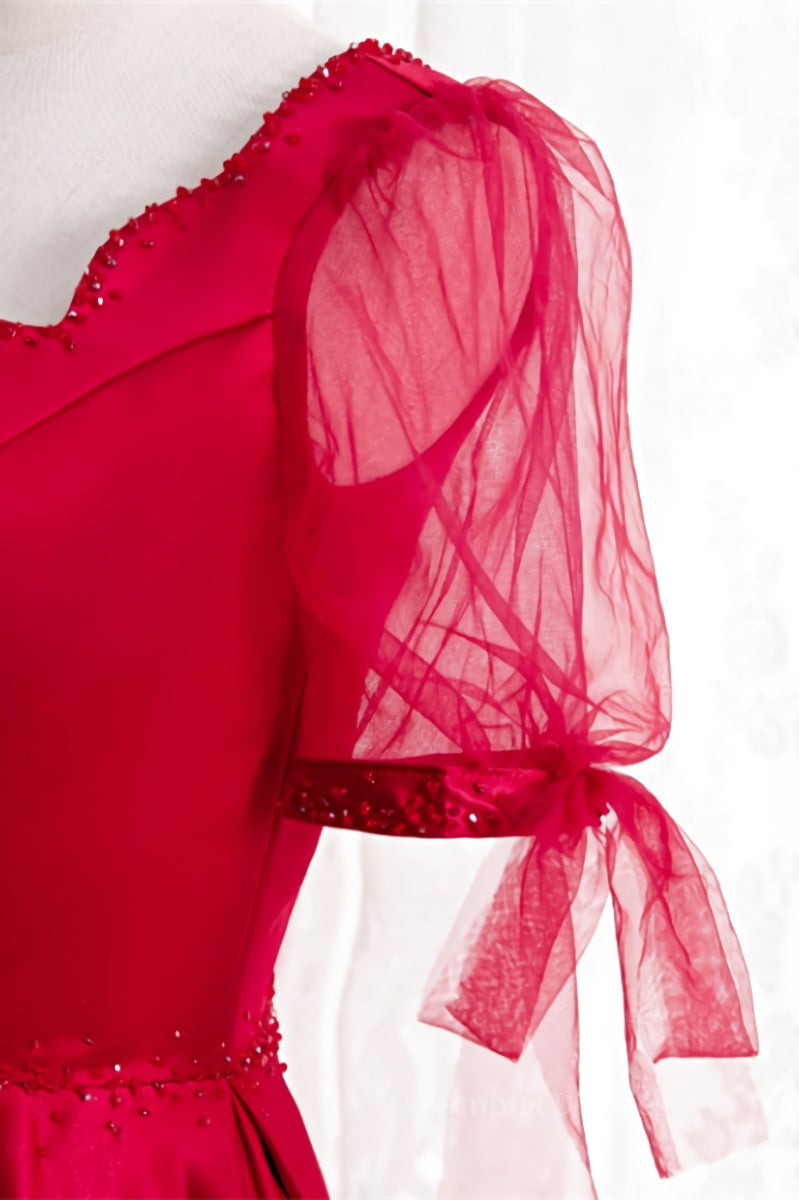 Formal Dress Lace, Red A-line Square Neck Illusion Puff Sleeves Beaded Long Formal Dress