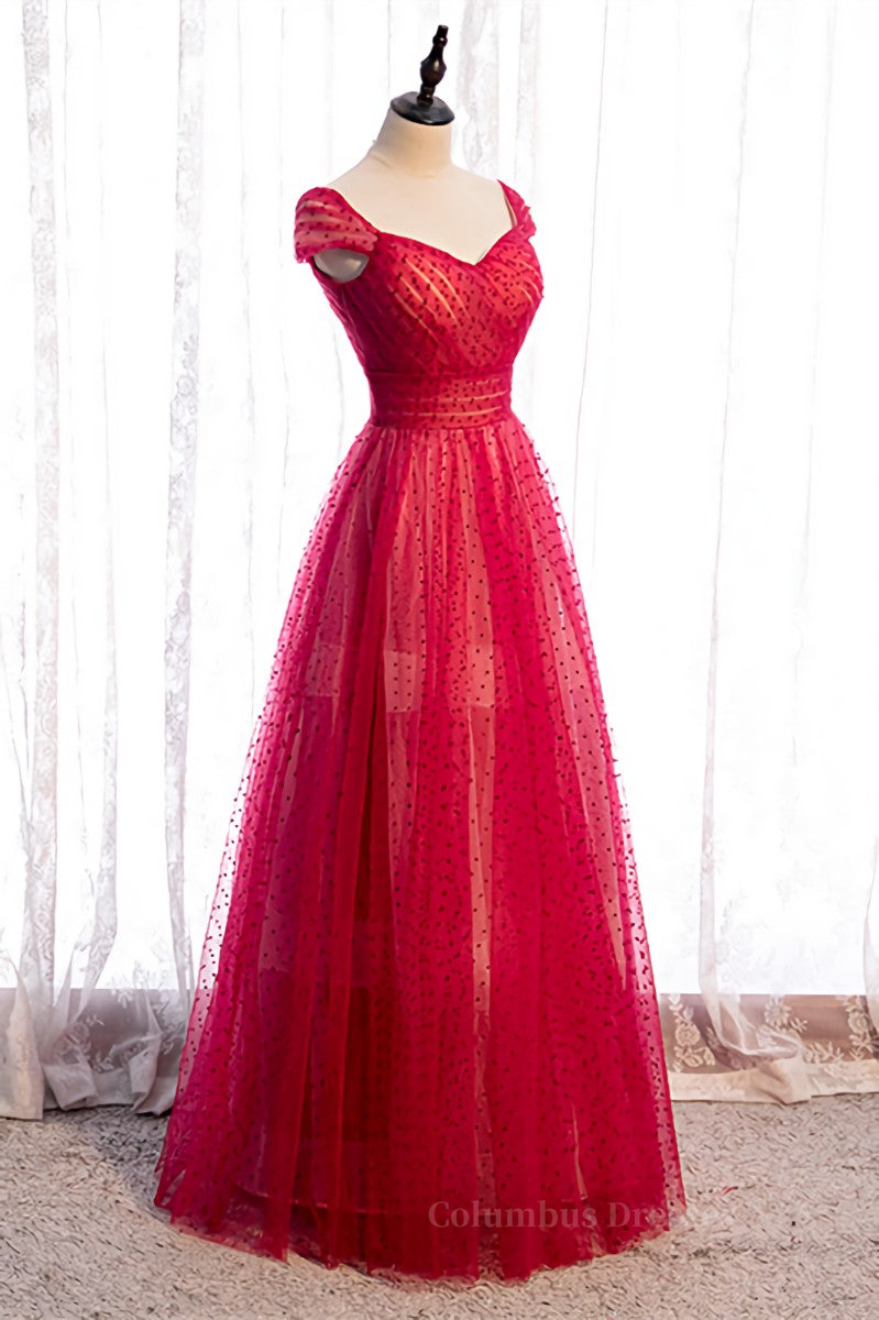 Red A-line V Neck Cap Sleeves Pleated Maxi Formal Dress with Dot Appliques Secondary image