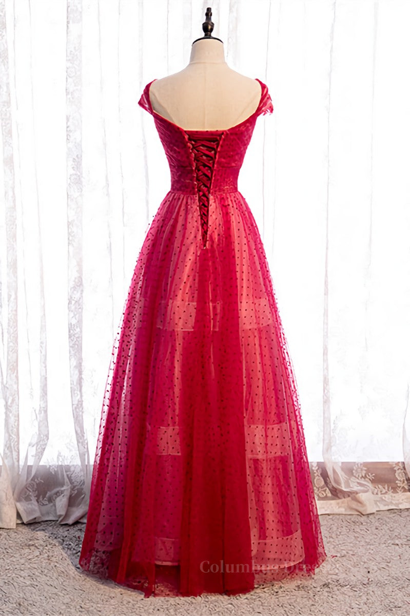 Prom Dress For Teens, Red A-line V Neck Cap Sleeves Pleated Maxi Formal Dress with Dot Appliques Main image