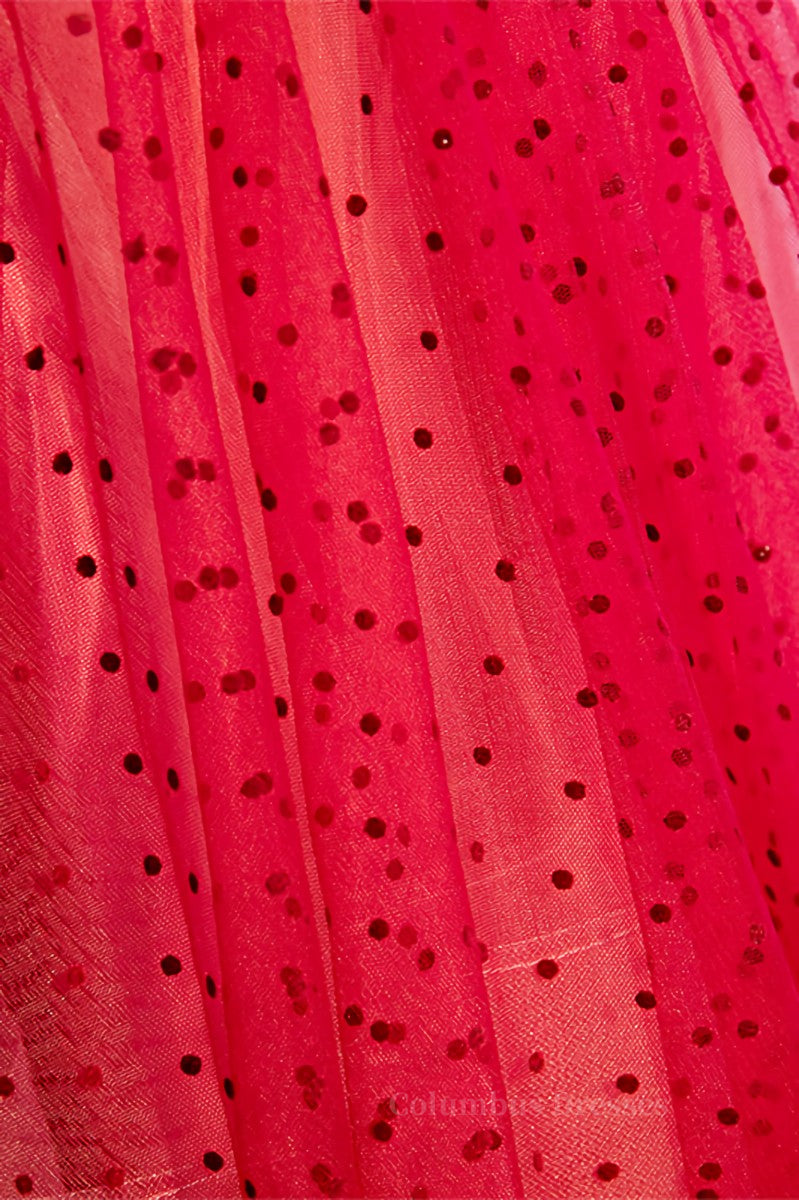 Prom Dress With Pockets, Red A-line V Neck Cap Sleeves Pleated Maxi Formal Dress with Dot Appliques