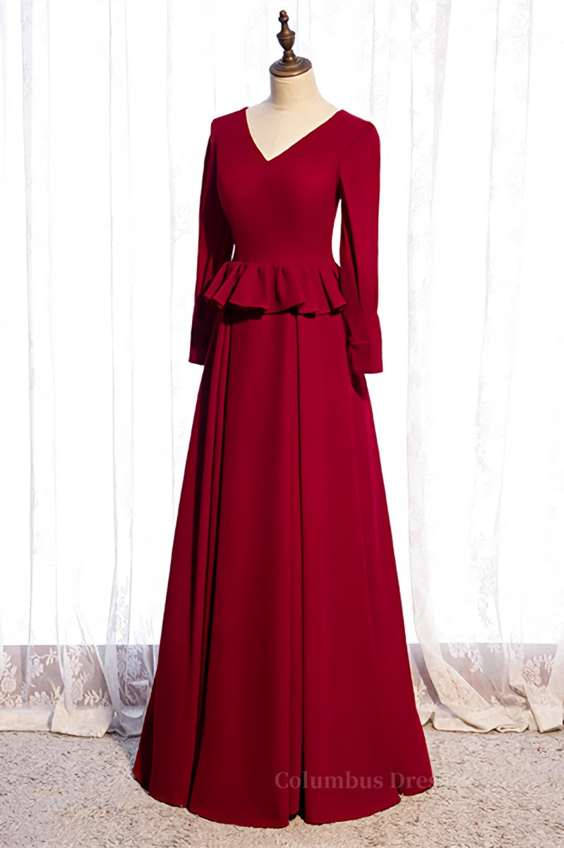 Red A-line V Neck Long Sleeves Ruffle Maxi Formal Dress Secondary image