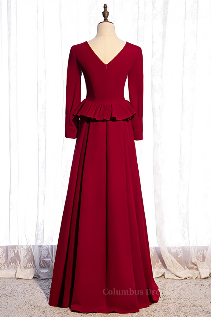 Homecoming Dresses Elegant, Red A-line V Neck Long Sleeves Ruffle Maxi Formal Dress Main image
