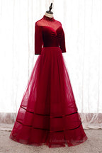 Prom Dress Long, Red Beaded Illusion High Neck Sleeves Pleated Maxi Formal Dress with Buttons